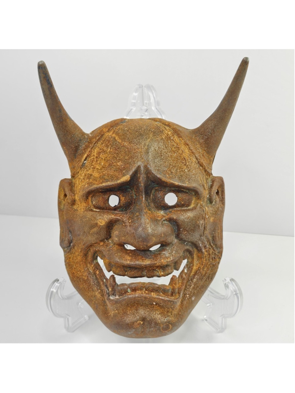 Vintage Japanese Hannya Oni Demon Mask Cast Metal Rusty Patina Wall Decor 9"